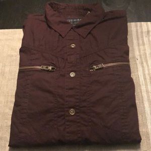 Guess Men's Maroon Button up Long Sleeve Shirt